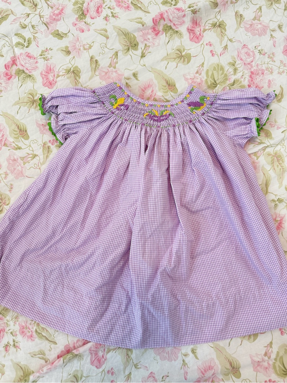 Girls' Lavender Smocked Casual Dress with Floral Embroidery